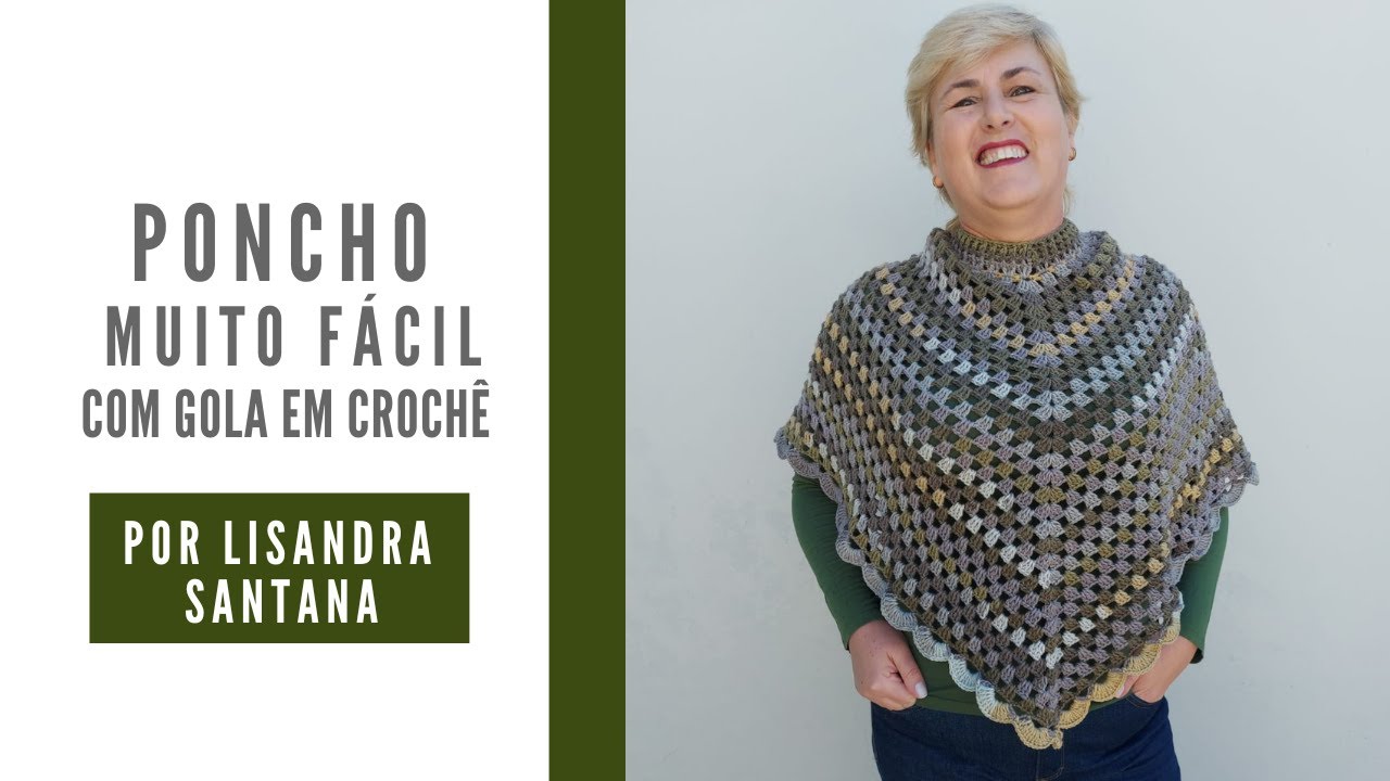 Poncho Muito Fácil com gola em crochê