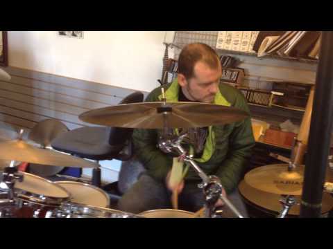 Derek Grant tries out the Taye Studio Maple Kit at Hands-On Music