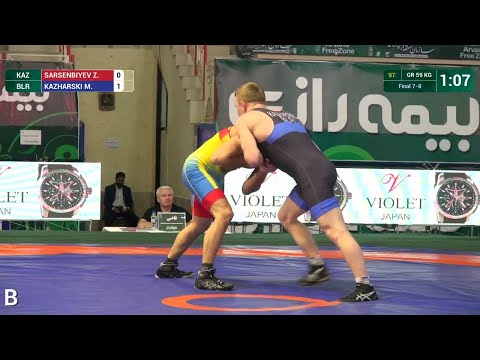 Final 7-8 GR - 59 kg: Z. SARSENBIYEV (KAZ) df. M. KAZHARSKI (BLR), 7-3