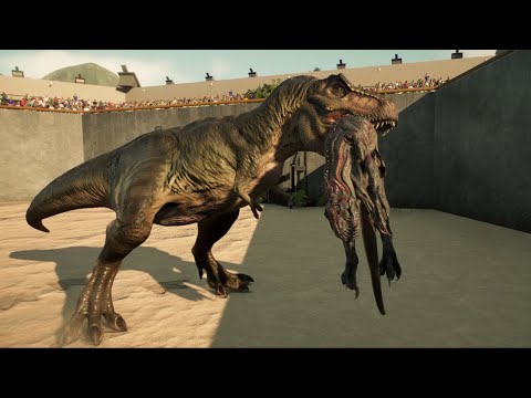T-REX vs ALL LARGE CARNIVORE & HERBIVORE ON ISLA NUBLAR - Jurassic World Evolution 2