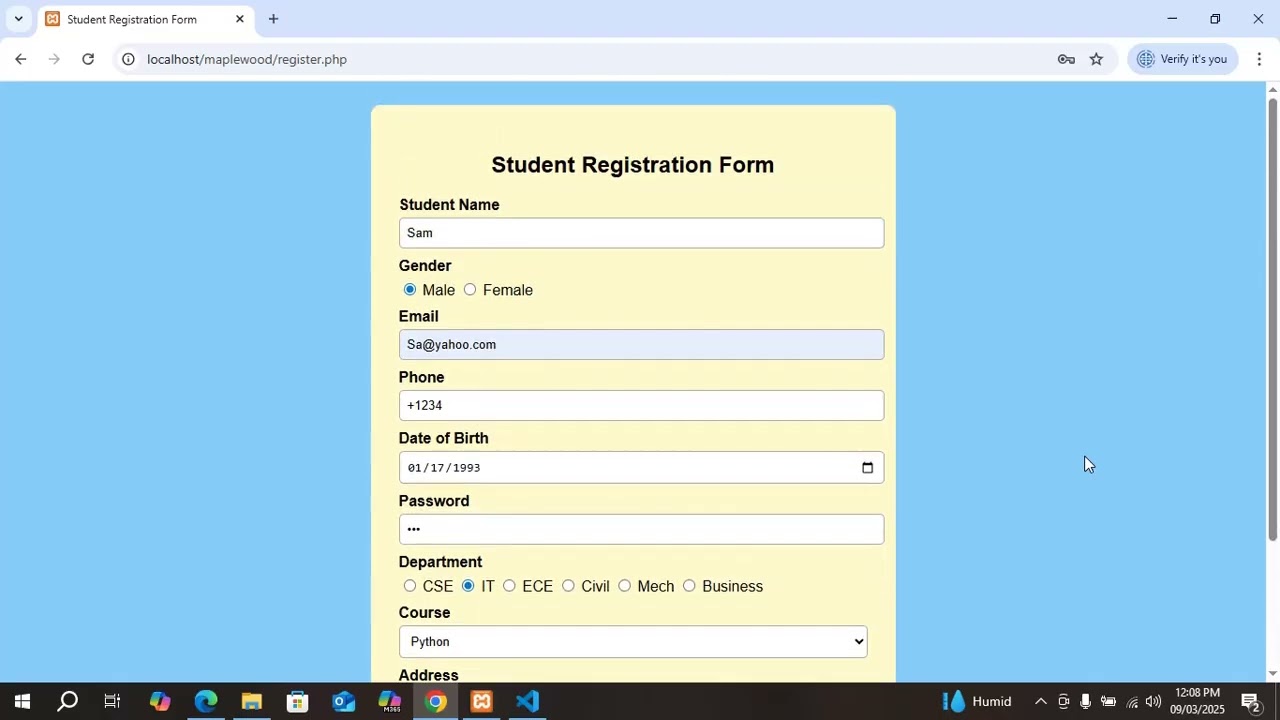 Student Registration Form Using PHP and MYSQL Database