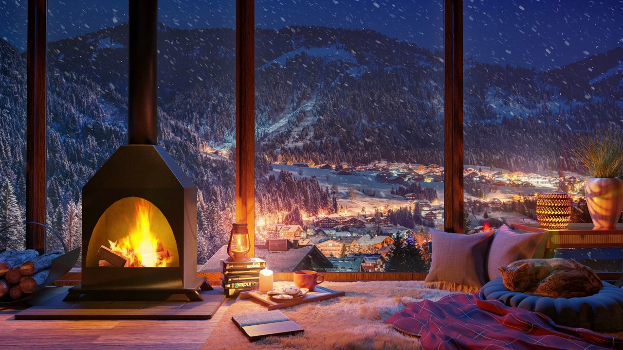 Cozy Winter Ambience for Reading with a Fireplace, Snowfall and Blizzard Sounds