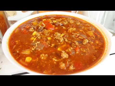 Mexican minced meat soup with peppers. Delicious spicy soup recipe