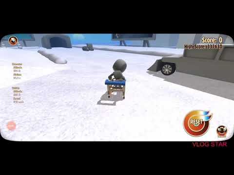 Mr ego in a trolley, in a snowy street.