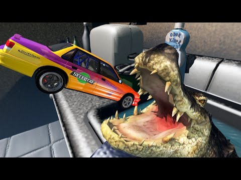 Cars Jump Into the Sink with an Alligator - BeamNG.Drive
