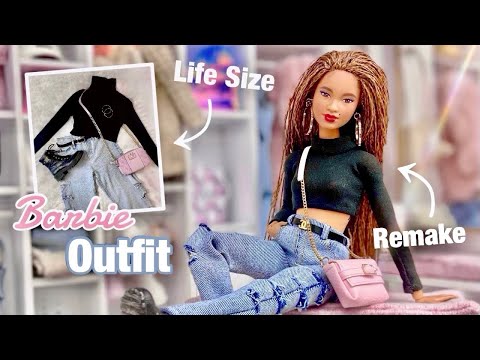 Recreating my OWN Outfit in BARBIE Doll Size - Baggy Jeans| Crop Turtle Neck| Purse| Combat Boots