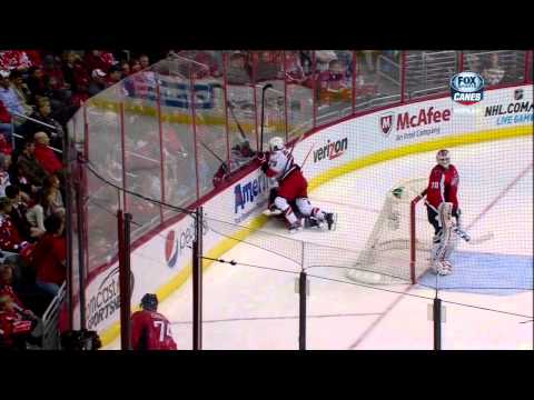 Tim Wallace boarding on John Erskine Feb 26 2013 Carolina Hurricanes vs Washington Capitals NHL