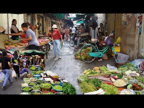 Cambodian Street Market in The Morning- Fresh Seafood, Rural Chicken, Natural Vegetable & More Food
