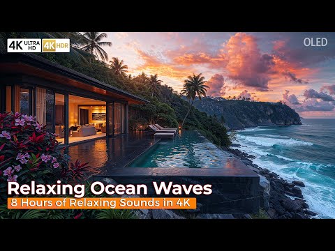 8 Hours Ocean Waves 🌊 Tropical Sunset at Luxury Villa Infinity Pool | Relaxation & Sleep Sounds