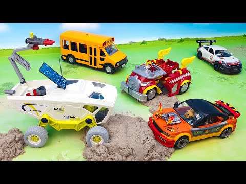 Пожарная машина Экскаватор Школьный автобус Полицейская машина  Луноход и Щенячий Патруль распаковка
