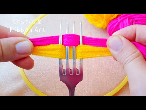 It's so Beautiful !! Superb Flower Craft Idea with Fork - Hand Embroidery Amazing Trick