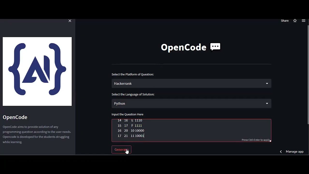 OpenCode - To Generate any Code | Streamlit App | OpenAI