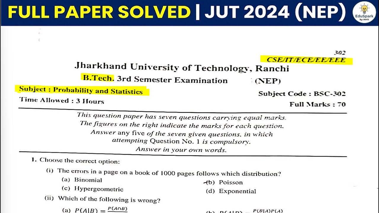 Probability & Statistics 2024 Paper Solution | JUT B.Tech 3rd Sem | Free PDF Download