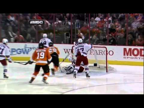 Henrik Lundqvist bats away goal. NY Rangers vs Philadelphia Flyers 4/3/12 NHL Hockey