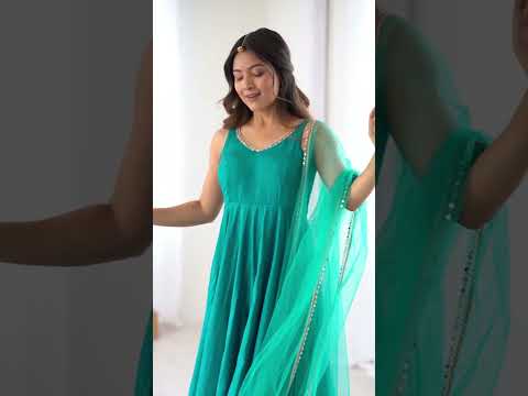 Sky Blue Roman Silk Chanderi Anarkali Gown Set with Pant & Net Dupatta