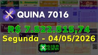 Resultado da Quina 7016, Segunda-feira, 04/05/2026