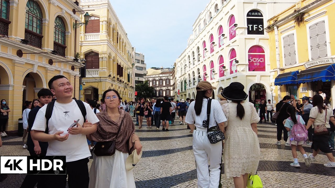 Immersive street-level walking tour through Macau Senado Square, China, showcasing authentic urban landscapes, local architecture, and the vibrant atmosphere of the city's neighborhoods