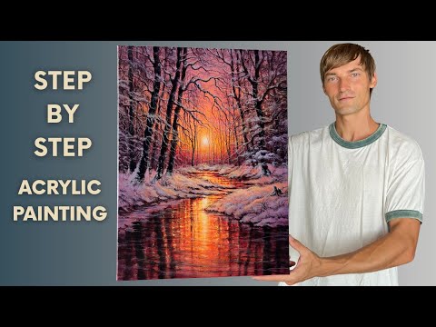 Winter Sunset Forest Reflections STEP by STEP Acrylic Painting