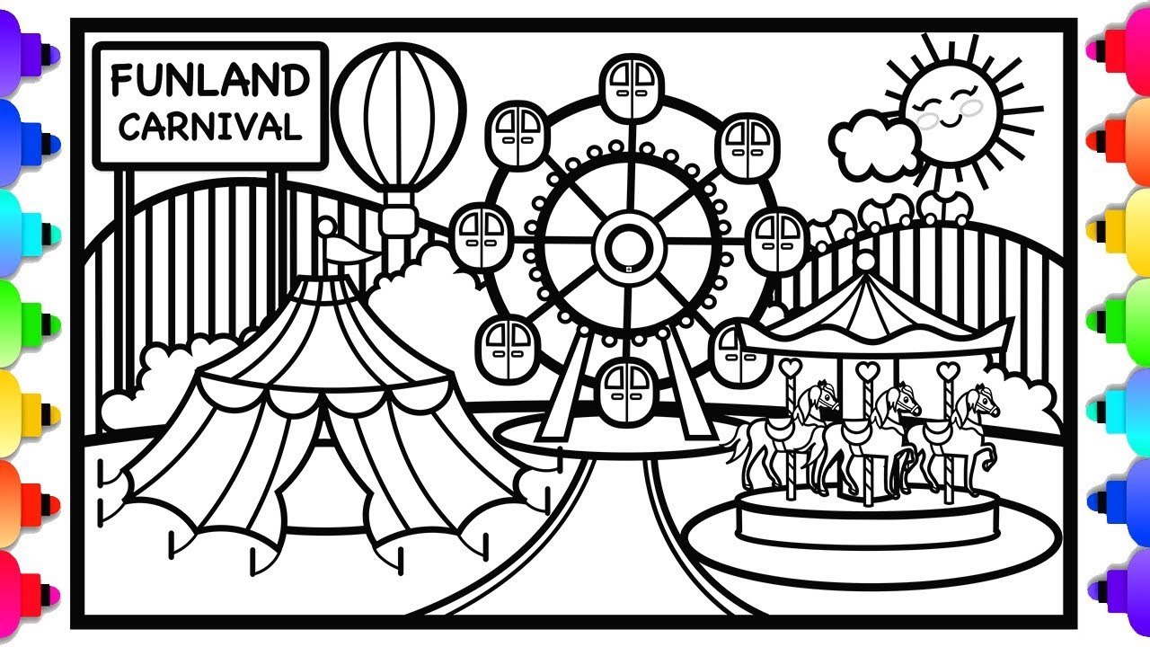 How to Draw a Carnival 🎢🌈🎡💜🎠 Amusement Park Coloring Page 🎠🎢🎡💜