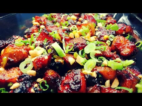 Easy Garlic Ginger Glazed Sticky Pork Belly with Roasted Peanuts | with Brown Rice & Chakalaka Sauce