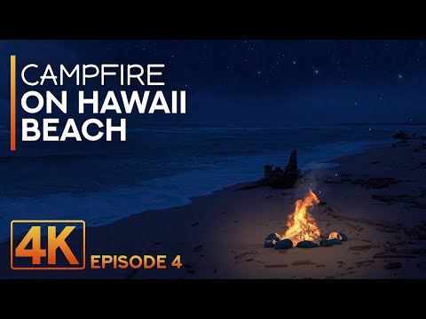 8HRS Night Campfire on Kauai Island Beach - 4K Nighttime Ambience of Ocean Waves & Crackling Fire #4