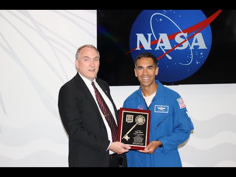 Astronaut Raja Chari receives the key to the city of Cedar Falls