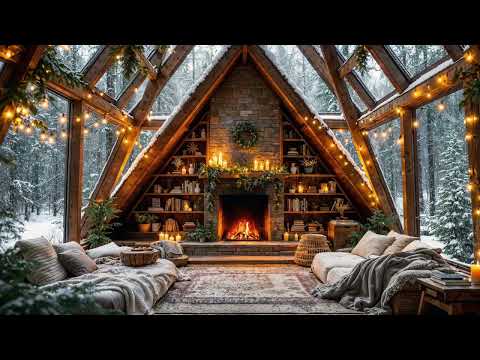 Cozy Winter Cabin Ambience ⛄ Gentle Snowfall & Crackling Fireplace for Study and Sleep