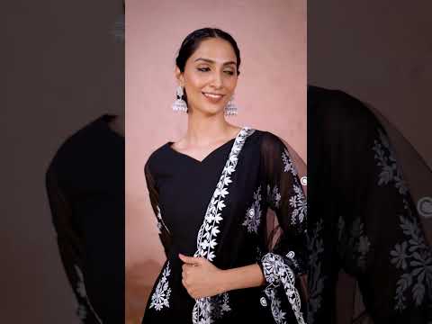 Black Digital Printed Georgette Anarkali Set with Embroidered Net Dupatta