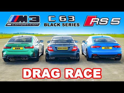 BMW M3 v AMG C63 Black v Audi RS5: DRAG RACE