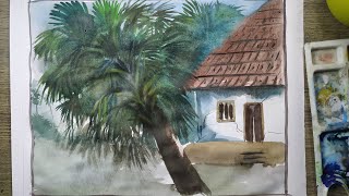Simple village drawing with palm tree very easy- ever art painting tutorial