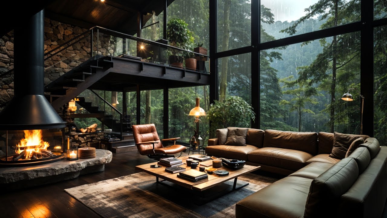 Tranquil Cabin Ambience with Fireplace & Rain Sounds - Relax, Sleep in Peaceful Piano Comfort