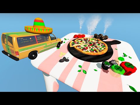Jumping cars over hot Pizza - BeamNG.Drive