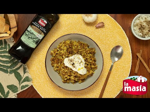 Lentejas con arroz y cebolla caramelizada