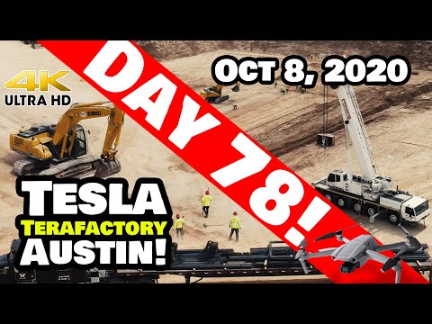 Tesla Gigafactory Austin 4K  Day 78 - 10/8/20 - Terafactory Texas - Cranes, Excavators & Rebar!