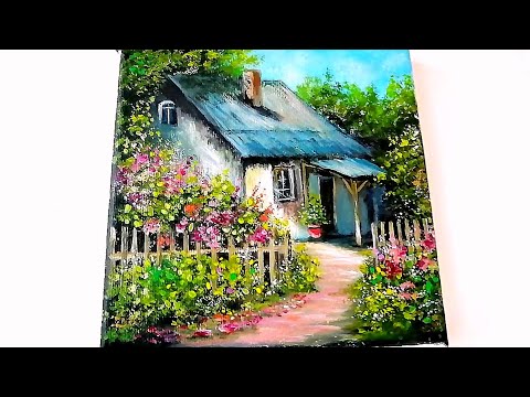 Cottage flowery garden wooden fence / Acrylic Painting Scenery for beginners Landscape #diy #drawing