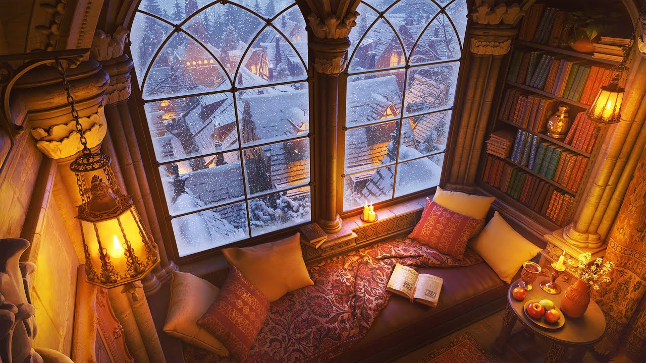 Cozy Winter Ambience for Reading with Snowfall on Window and Calming Blizzard Sounds
