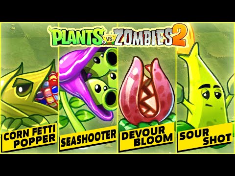 SOUR SHOT x DEVOUR BLOOM x SEASHOOTER x CORN FETTI POPPER All Ability Power Up | Plants Vs Zombies 2