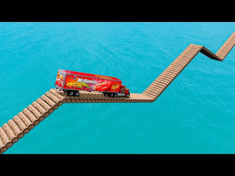 Mack Truck vs Impossible Log Wave Bridge Crossing Cars Vs Deep Water - BeamNG.Drive