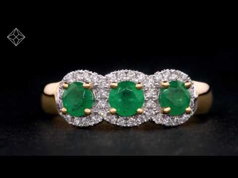 Emerald and Diamond Halo Trilogy Asteria Ring in 18K White Gold Version - FT86-GY