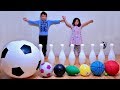 Playing and Learning Sport Ball Names with Big Bowling Pin Playset for Children