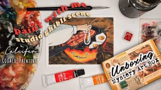 Painting Studio Ghibli Scene using Gouache // Howl's Moving Castle + UNBOXING MYSTERY ART BOX