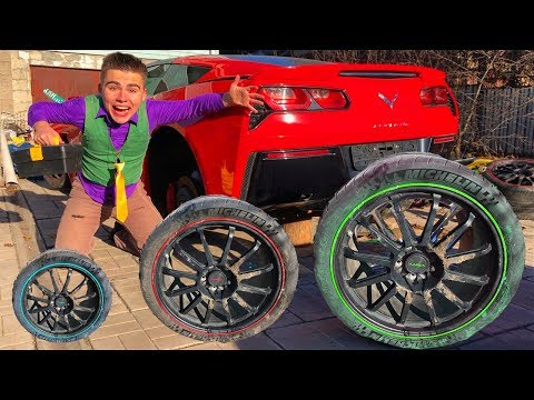 Funny Mr. Joe on Corvette without Wheels VS Small Wheel in Tire Service & Started Race for Kids Video