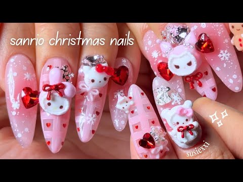 asmr do sanrio christmas nails w me ♥️ handmade charms, winter nails, nail art