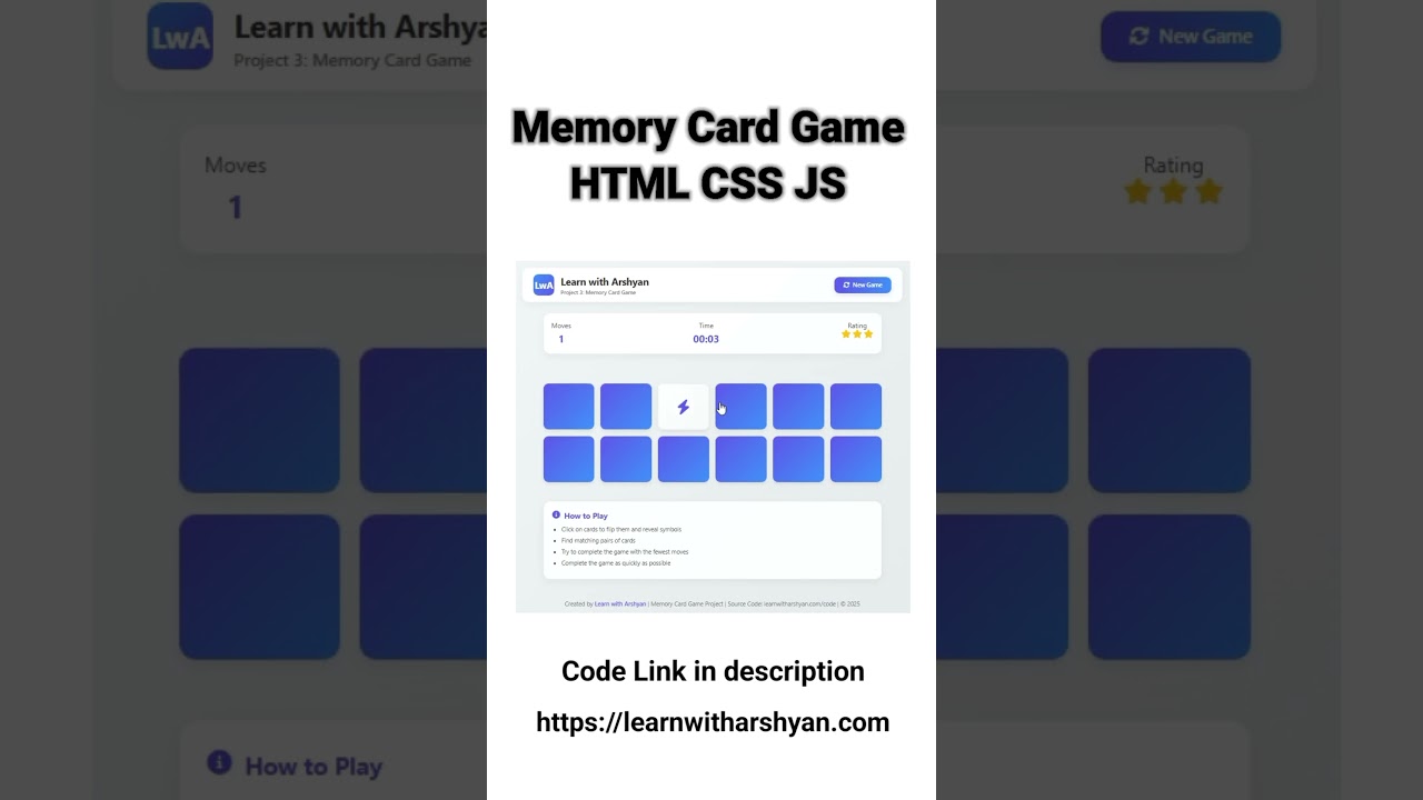 Memory Card Game HTML CSS JS | Mobile-Friendly Tutorial | Learn with Arshyan #webdev #javascript
