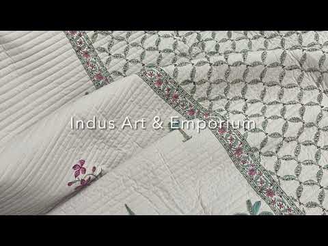 Hand Block Printed Cotton Quilted Bedcover with 2 quilted reversible pillow cover.