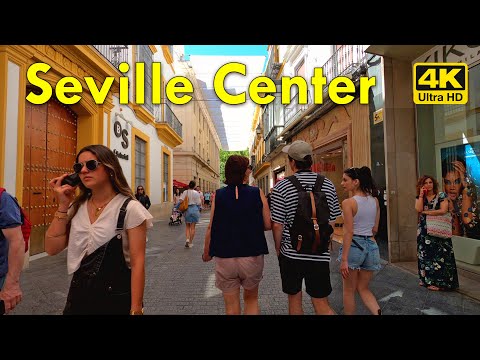 Downtown shopping streets walk in Sevillle- 4k Tour, Spain 🇪🇸