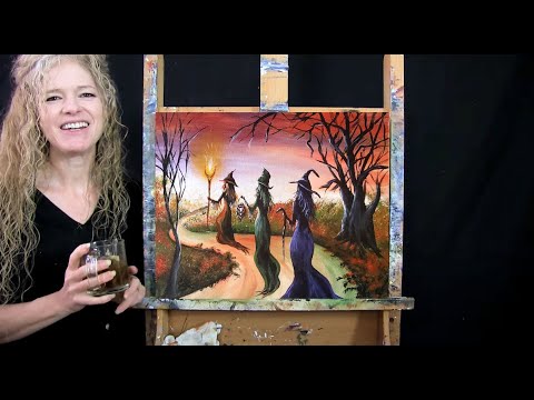 Learn How to Paint WITCHY WOMEN with Acrylic - Paint and Sip at Home- Autumn Step by Step Tutorial