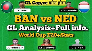 ban vs ned world cup t20 match dream11 team of today match| bangldsh vs Netherland dream11prediction