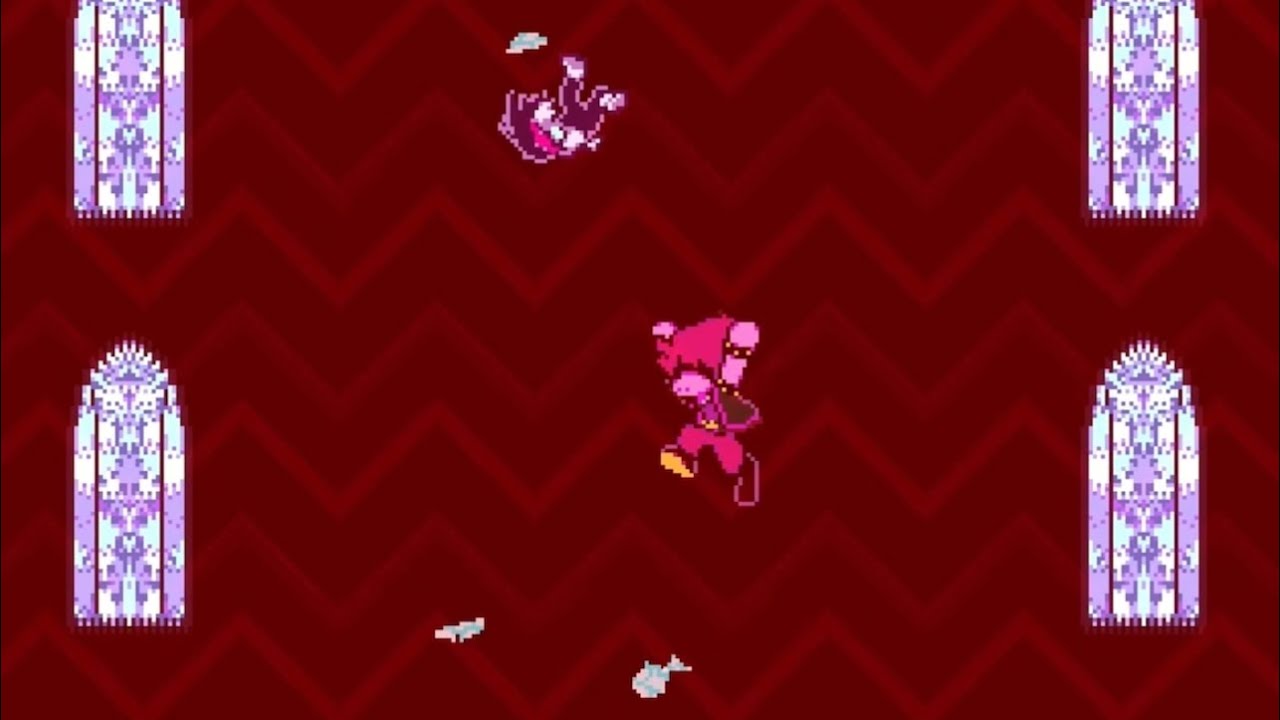 Deltarune Chapter 4 - Kris and Susie fall through glass after encountering the Roaring Knight again