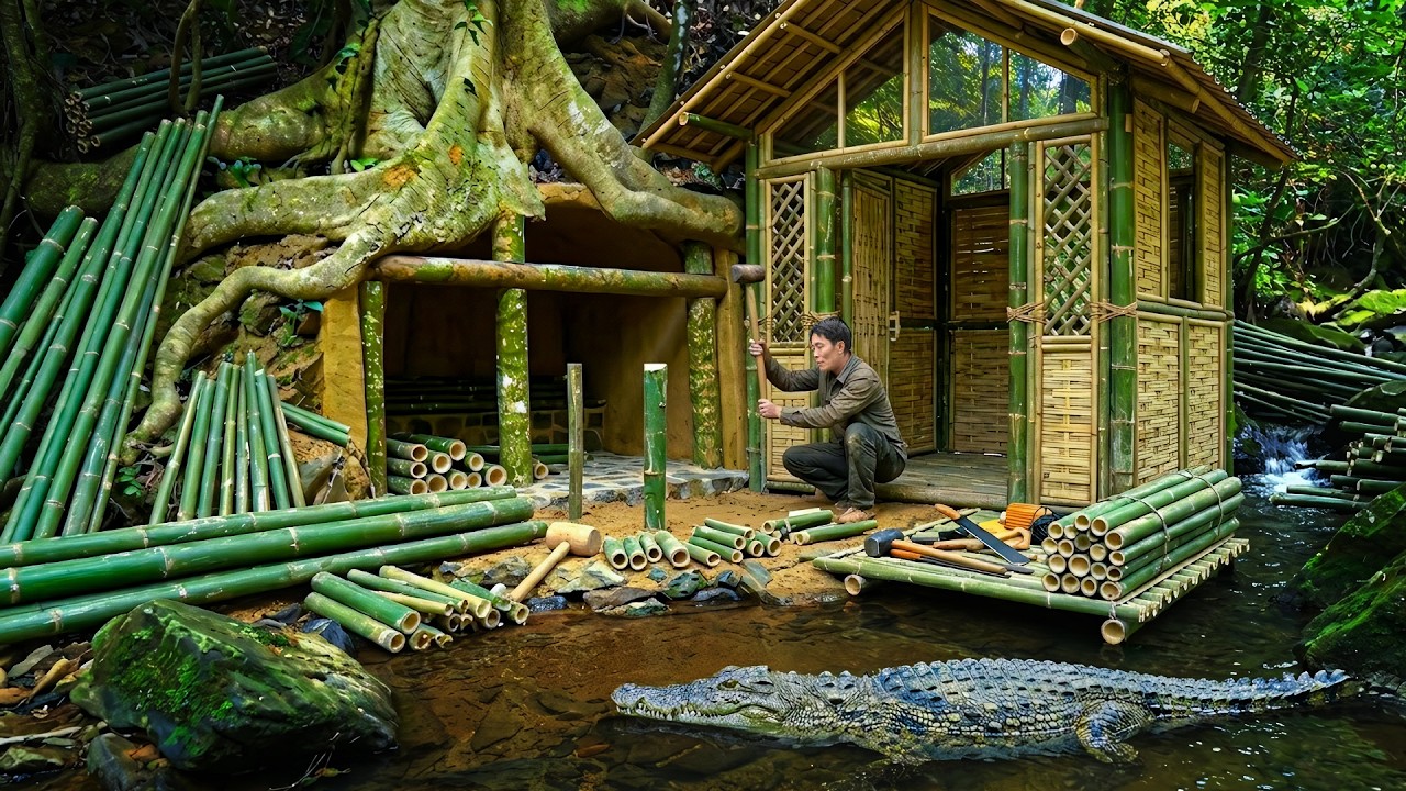 Bushcraft Survival Alone - Building a Strong Bamboo Shelter With a Small Knife